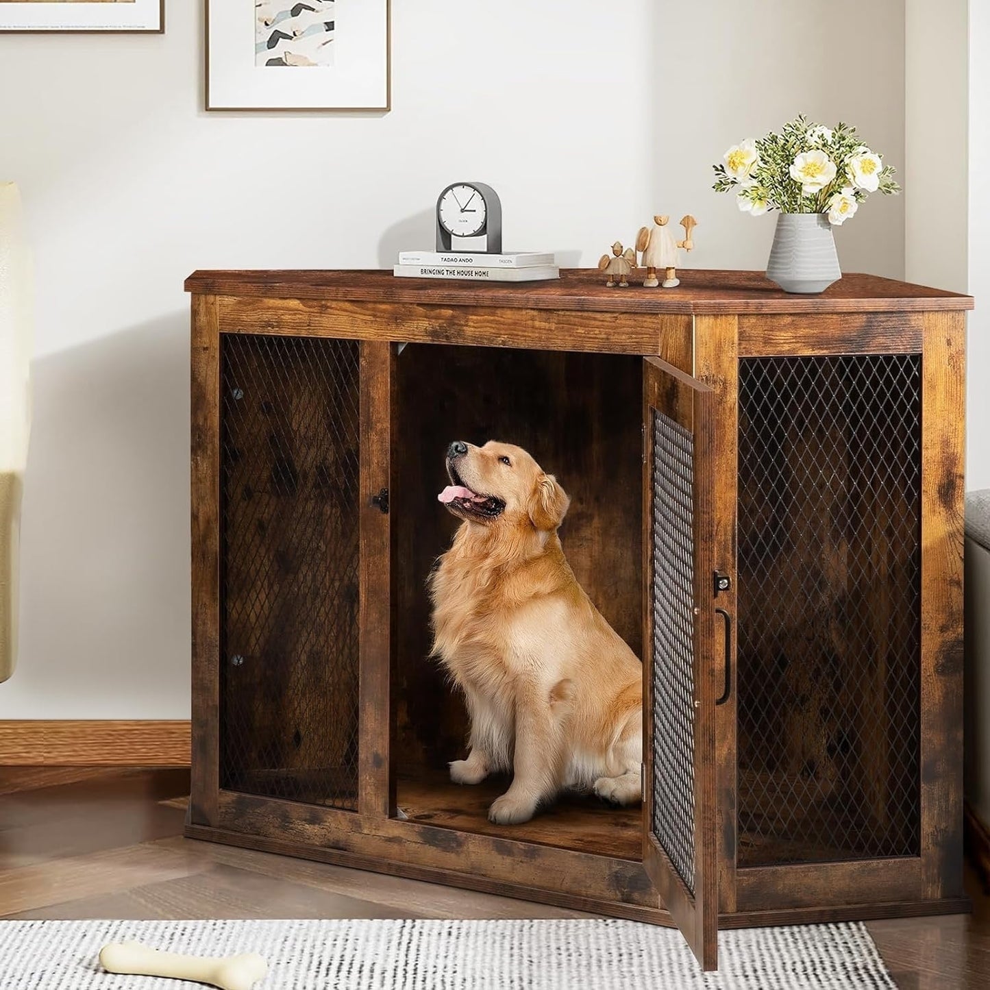 BOSSIN Meuble-côte pour chien d'angle, meuble-côte en bois pour chien de 112/132 cm avec grille, maison de chien en bois décorative pour usage intérieur.