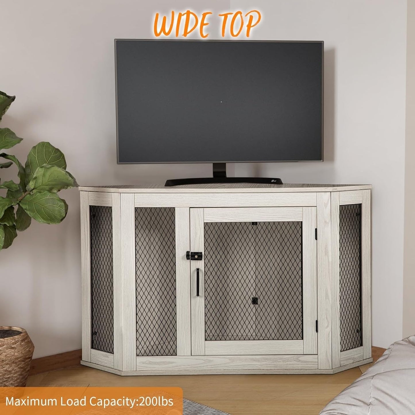 BOSSIN Meuble-côte pour chien d'angle, meuble-côte en bois pour chien de 112/132 cm avec grille, maison de chien en bois décorative pour usage intérieur.