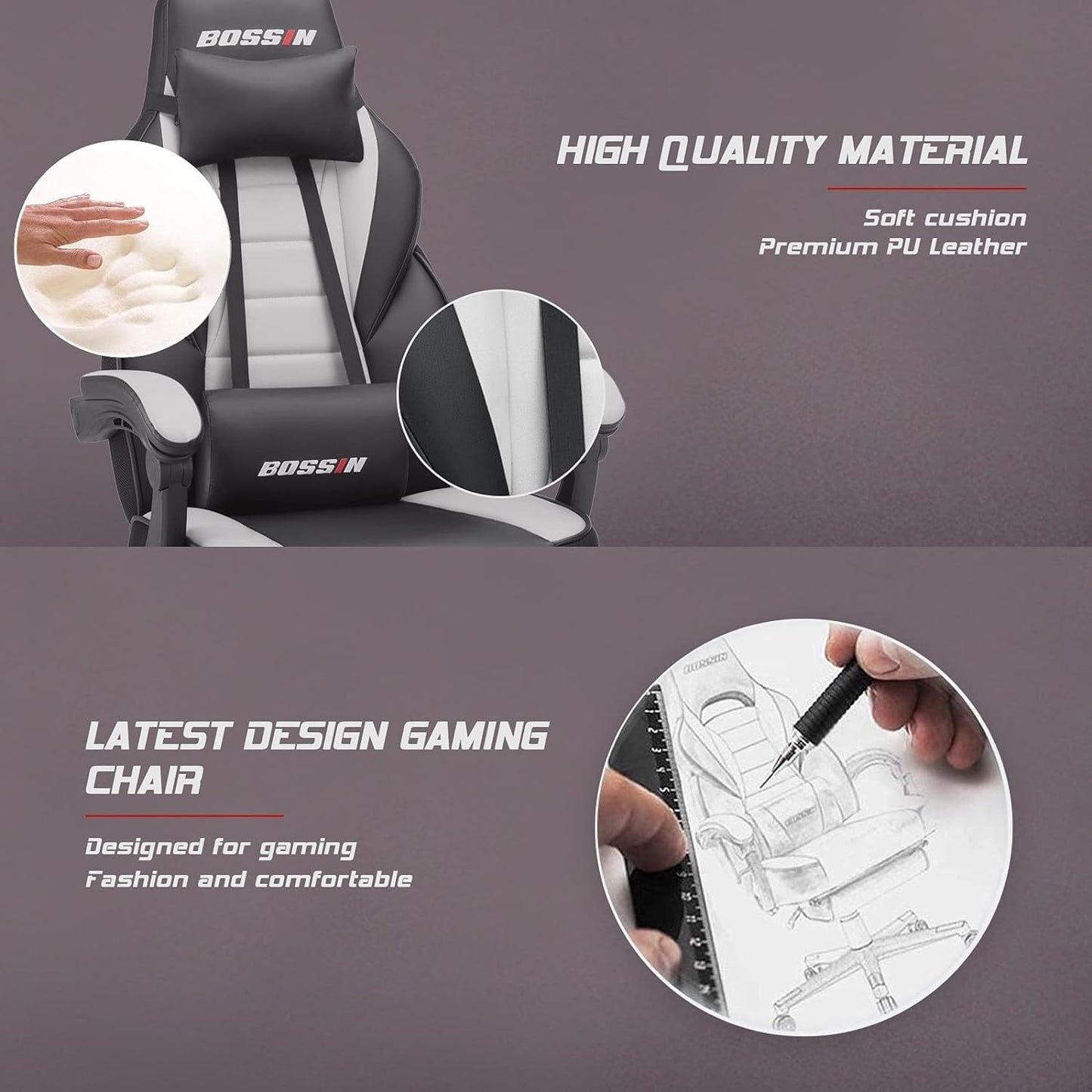 Chaise de jeu de style course BOSSIN, chaise de jeu pour joueurs grands et lourds (jusqu'à 136 kg), dossier haut, chaise de bureau.