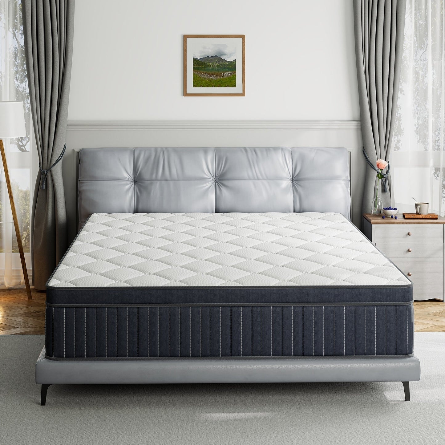 Matelas hybride SweDrea à ressorts avec mousse à mémoire de forme au gel, surcouche de 30 cm (12 po) et niveau de fermeté moyen, certifié CertiPUR-US, SGS et OEKO-TEX.
