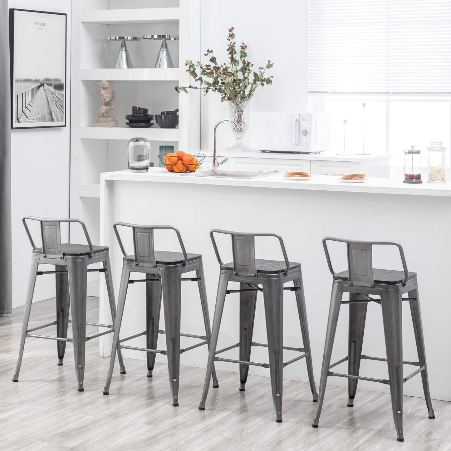 Tabourets de bar avec dossier, lot de 4, tabourets de bar industriels en métal avec assises en bois