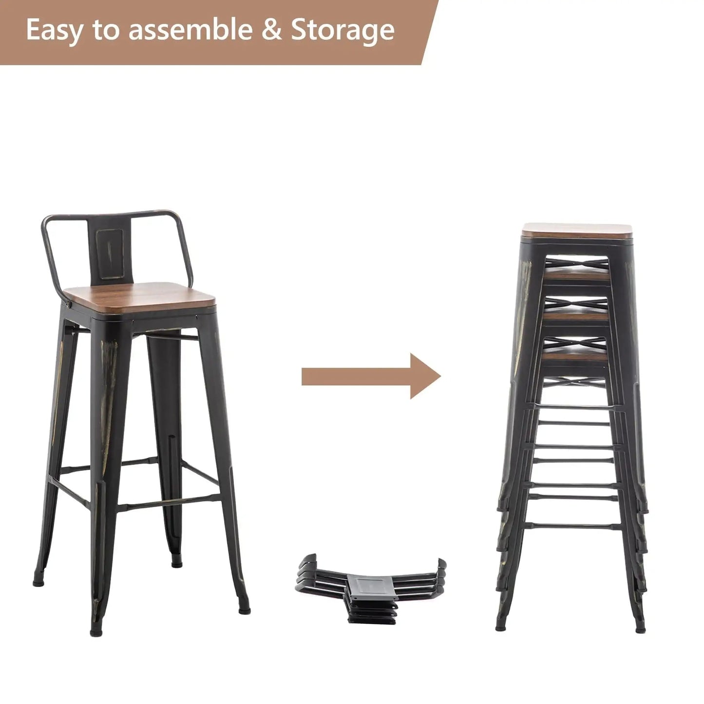 Tabourets de bar avec dossier, lot de 4, tabourets de bar industriels en métal avec assises en bois