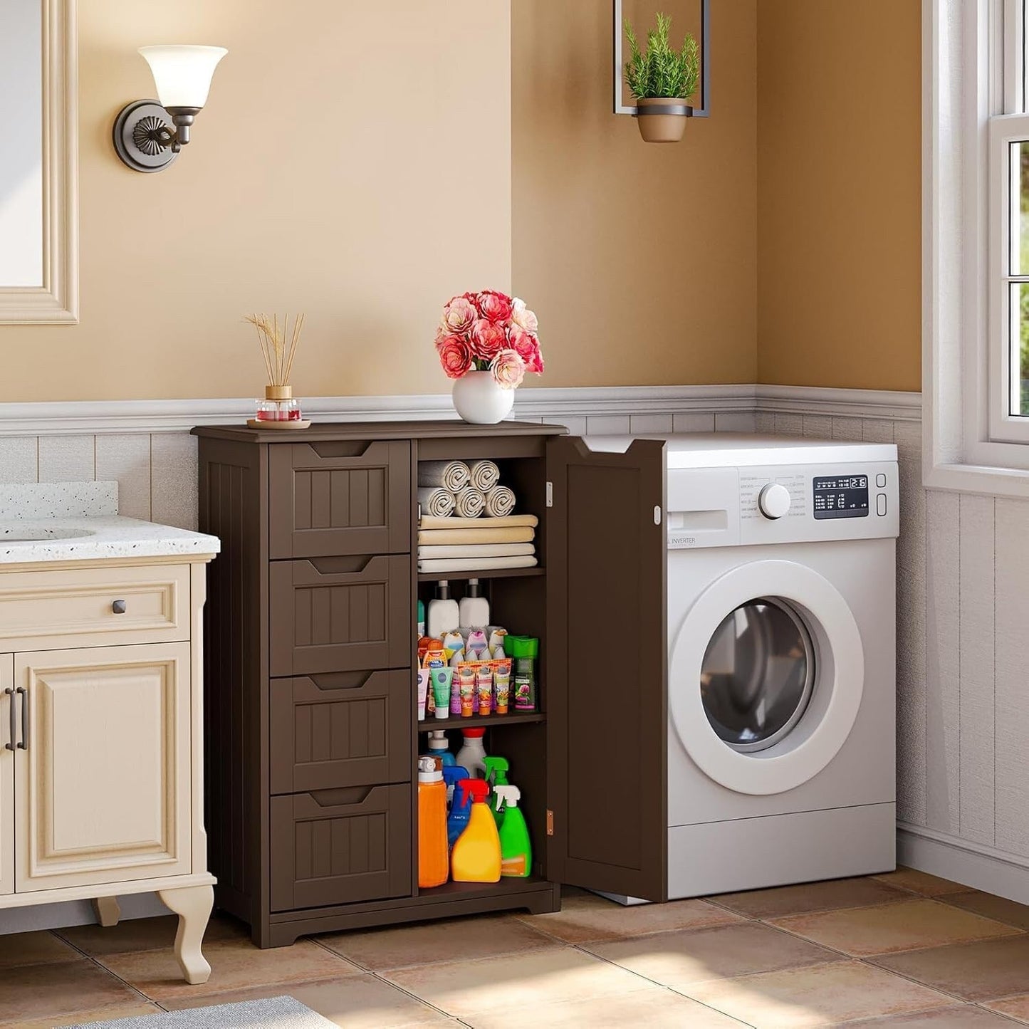 Meuble de rangement pour salle de bain, meuble de rangement au sol avec 4 tiroirs et étagère réglable