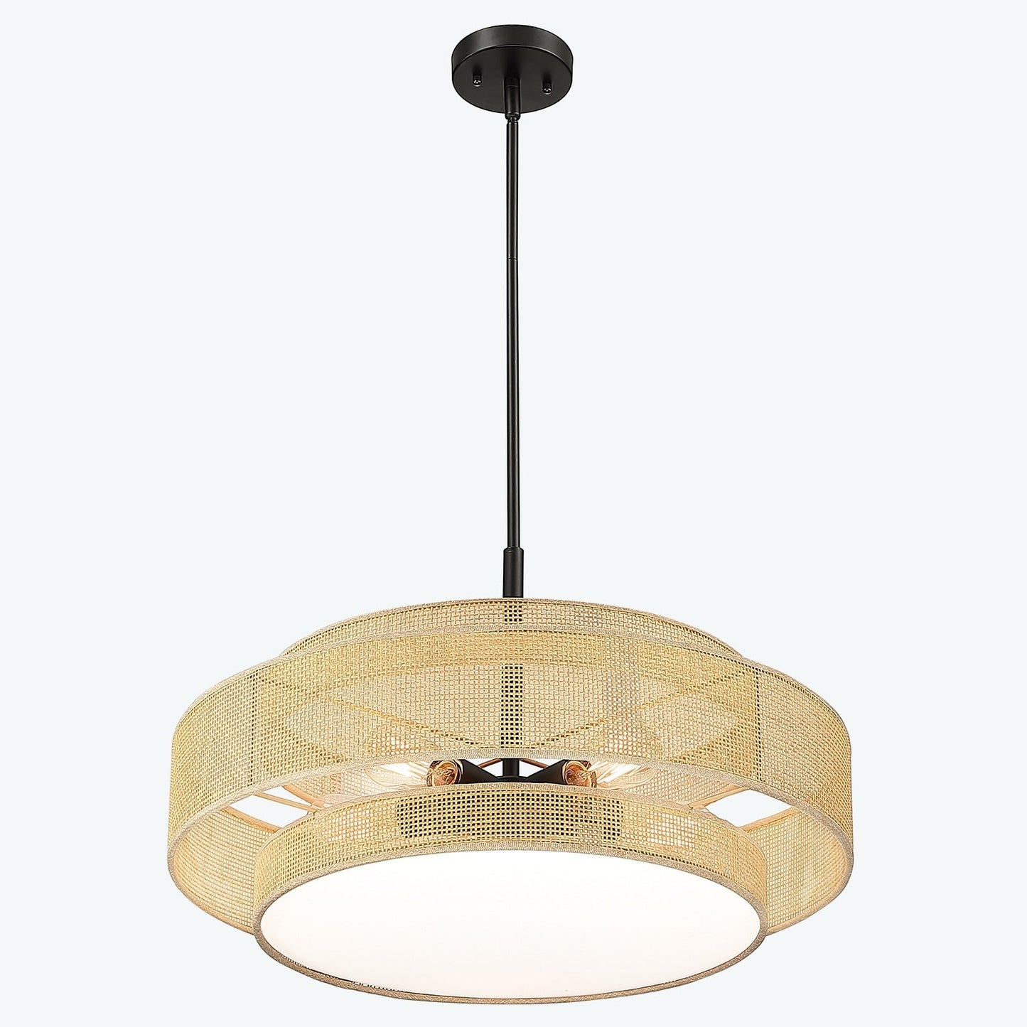 Luminaire à suspension à 5 lumières en forme de tambour noir de style côtier avec abat-jour double en rotin - 61 cm de largeur