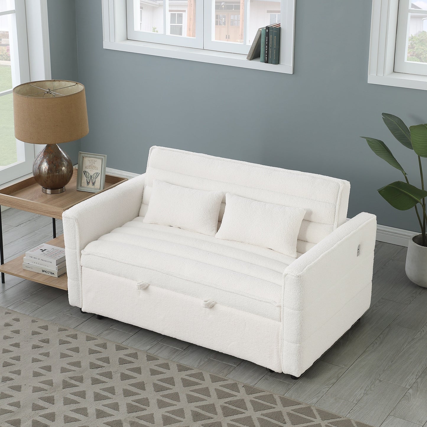 Canapé-lit convertible beige 55.12 en bouclette, avec dossier réglable et 2 coussins lombaires pour le salon.