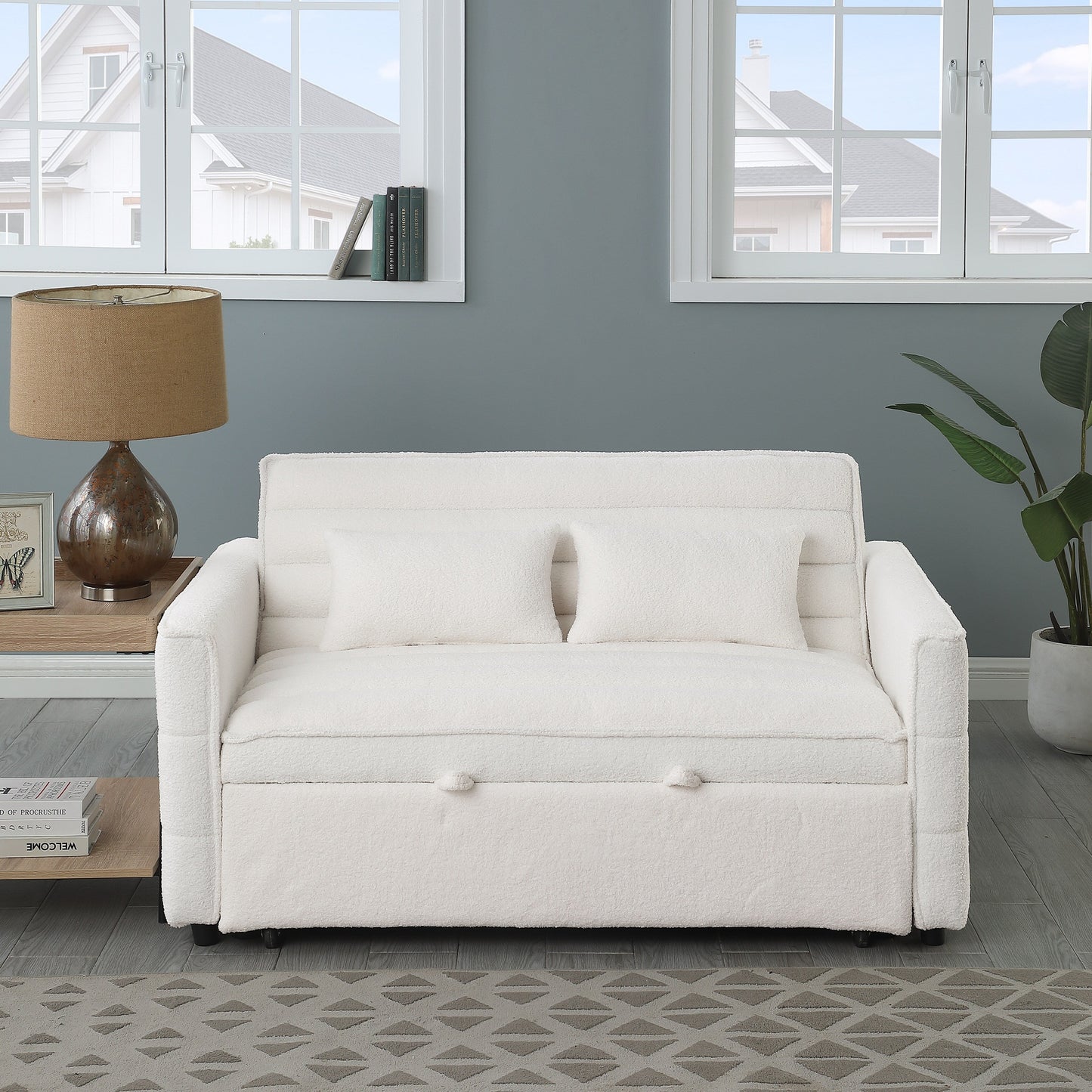 Canapé-lit convertible beige 55.12 en bouclette, avec dossier réglable et 2 coussins lombaires pour le salon.