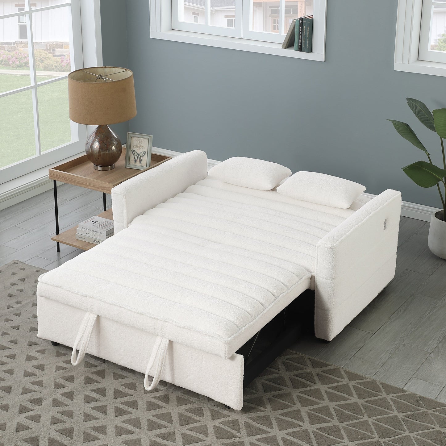 Canapé-lit convertible beige 55.12 en bouclette, avec dossier réglable et 2 coussins lombaires pour le salon.