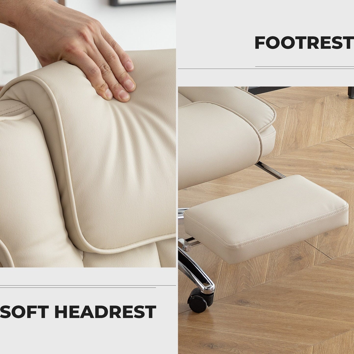 Fauteuil de bureau inclinable ergonomique à dossier haut, pivotant à 360°, en simili cuir beige, avec support lombaire, repose-pieds et hauteur réglable.