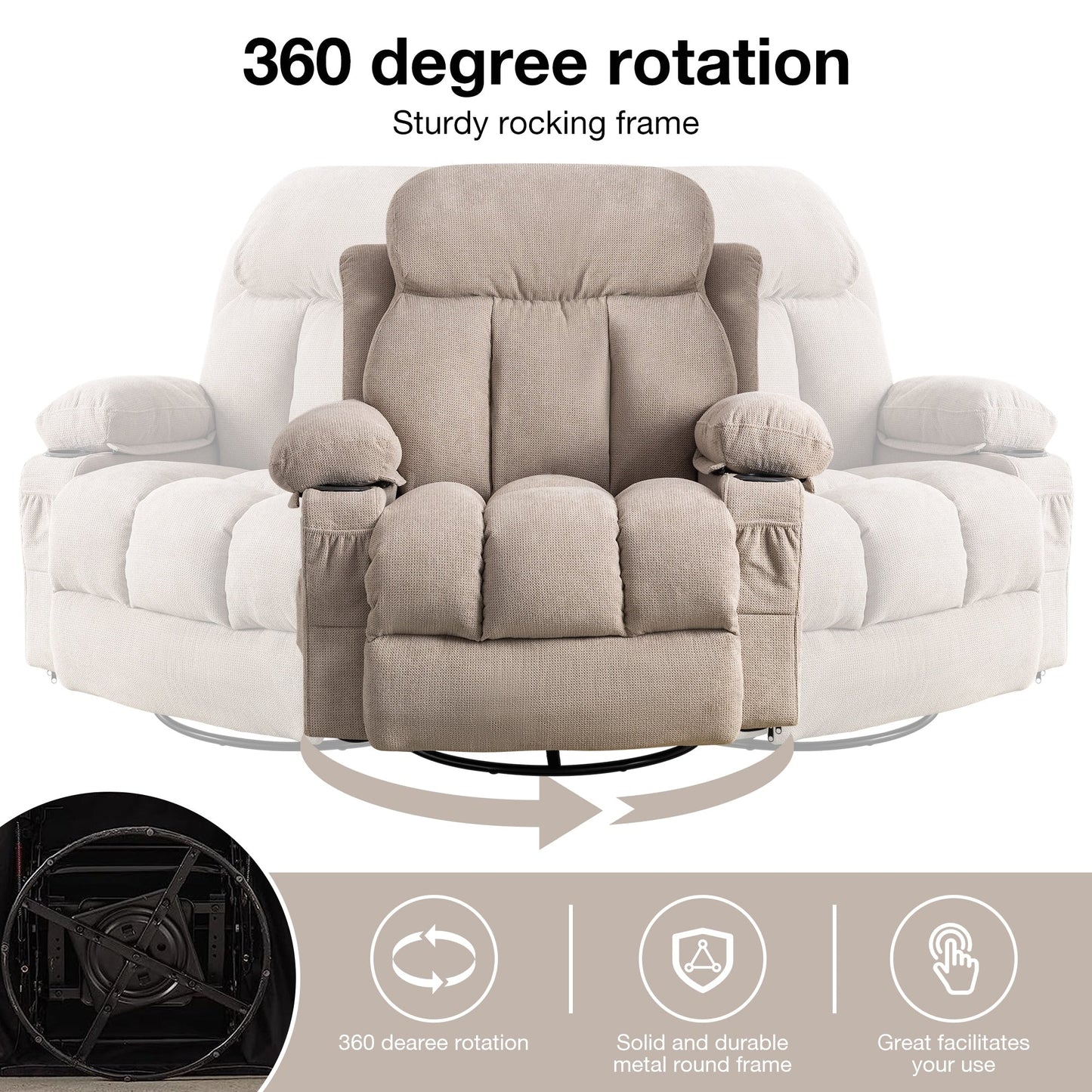 Fauteuil pivotant inclinable beige avec massage, chauffage et recharge USB