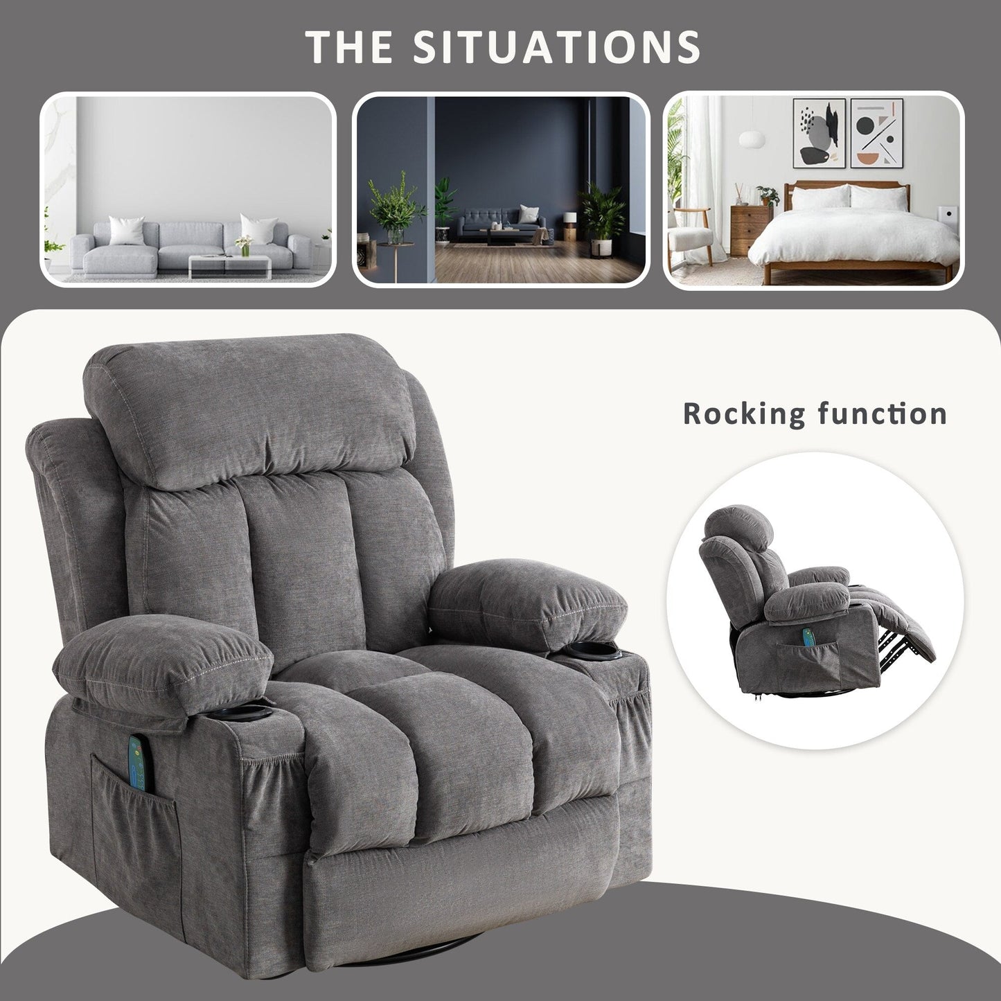 Fauteuil pivotant inclinable beige avec massage, chauffage et recharge USB