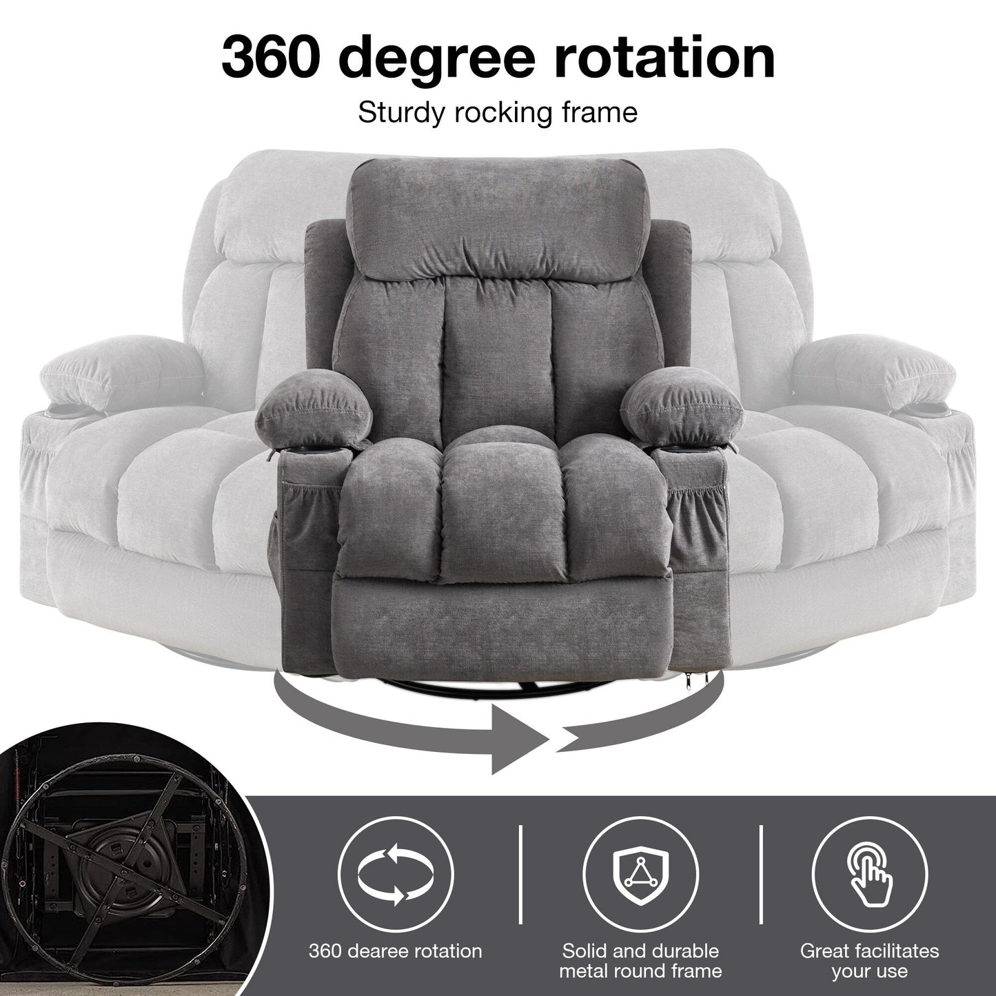 Fauteuil pivotant inclinable beige avec massage, chauffage et recharge USB