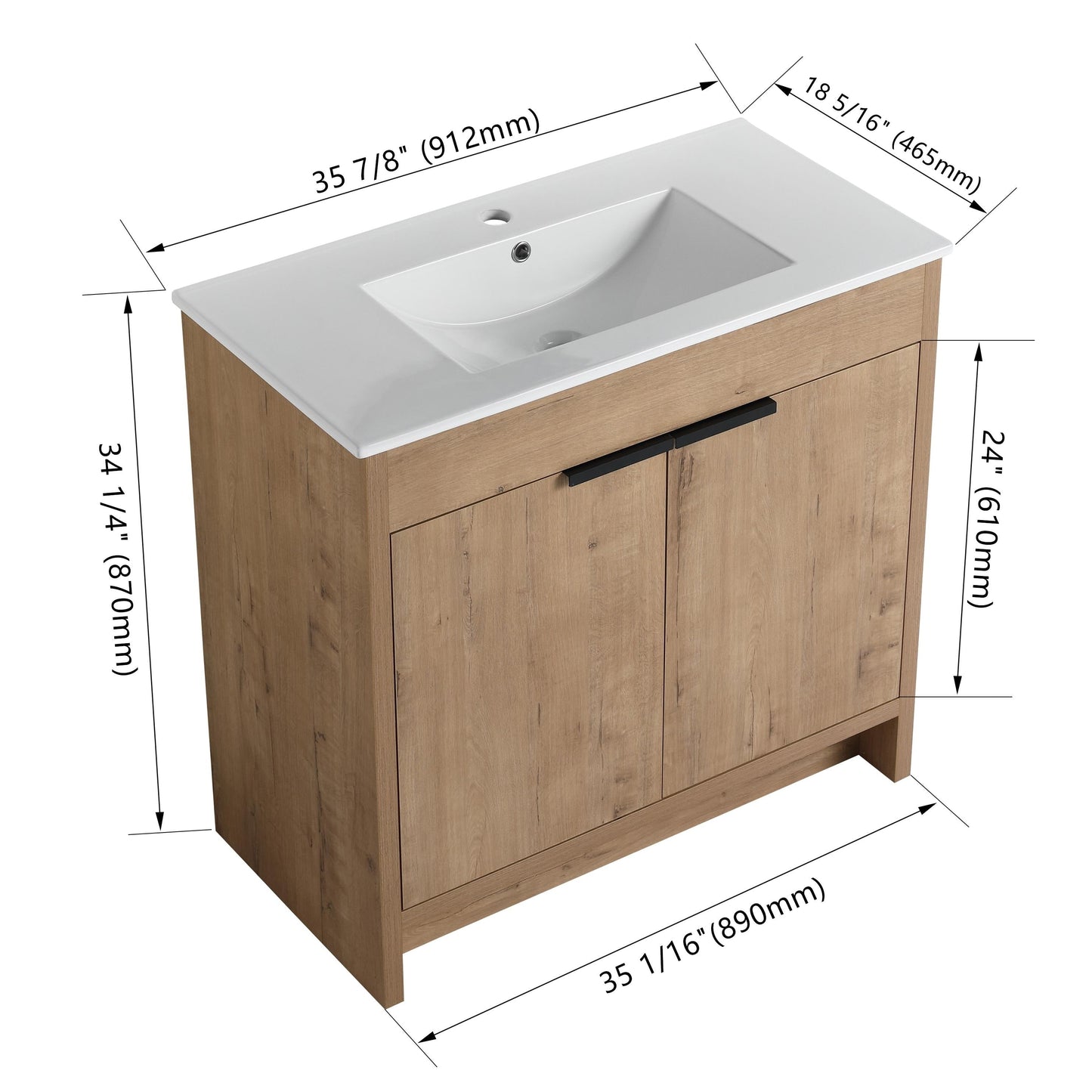 Meuble-lavabo de salle de bain Beingnext 24/30/36 avec lavabo, meuble-lavabo de salle de bain autoportant avec porte à fermeture amortie et étagère réglable