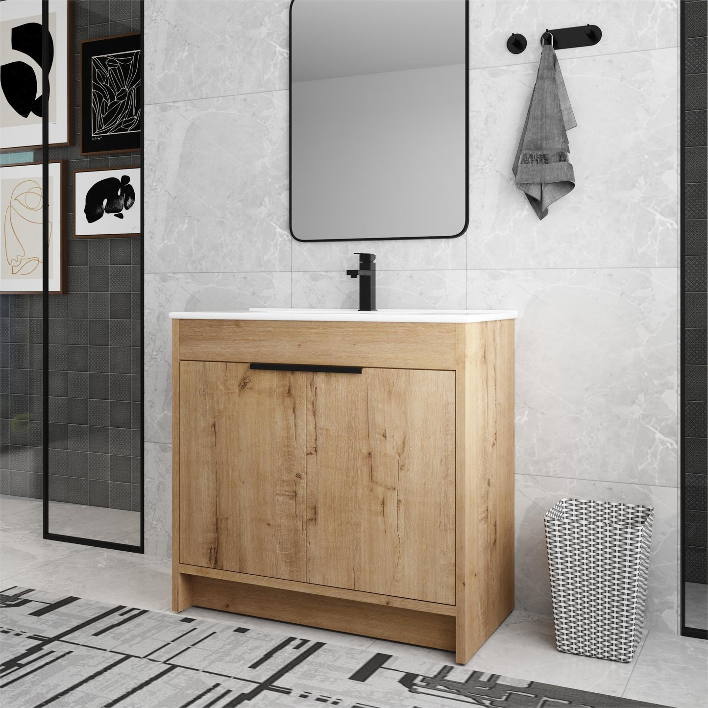 Meuble-lavabo de salle de bain Beingnext 24/30/36 avec lavabo, meuble-lavabo de salle de bain autoportant avec porte à fermeture amortie et étagère réglable