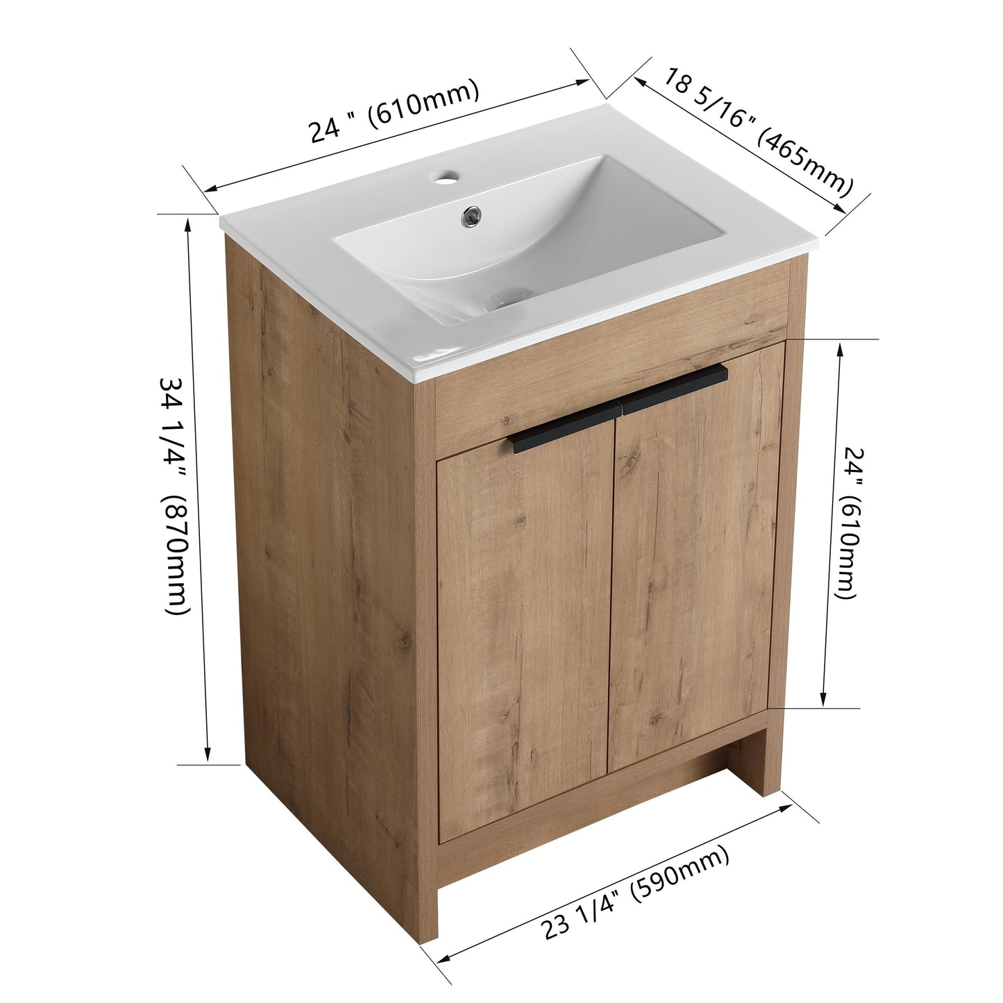 Meuble-lavabo de salle de bain Beingnext 24/30/36 avec lavabo, meuble-lavabo de salle de bain autoportant avec porte à fermeture amortie et étagère réglable