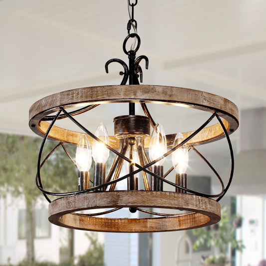 Bella Depot Lustre en bois rustique à 5 lumières, éclairage à intensité variable, luminaire suspendu de style farmhouse réglable de 15,7 pouces pour îlot de cuisine
