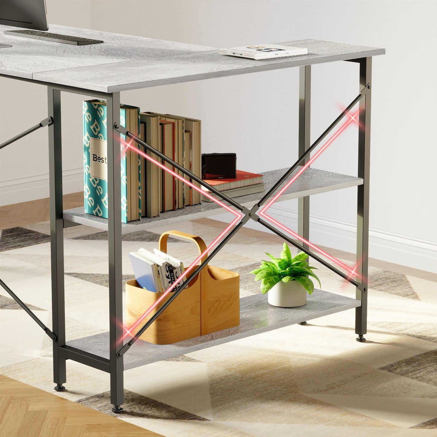 Bureau en forme de L avec étagères de rangement, bureau d'ordinateur d'angle.