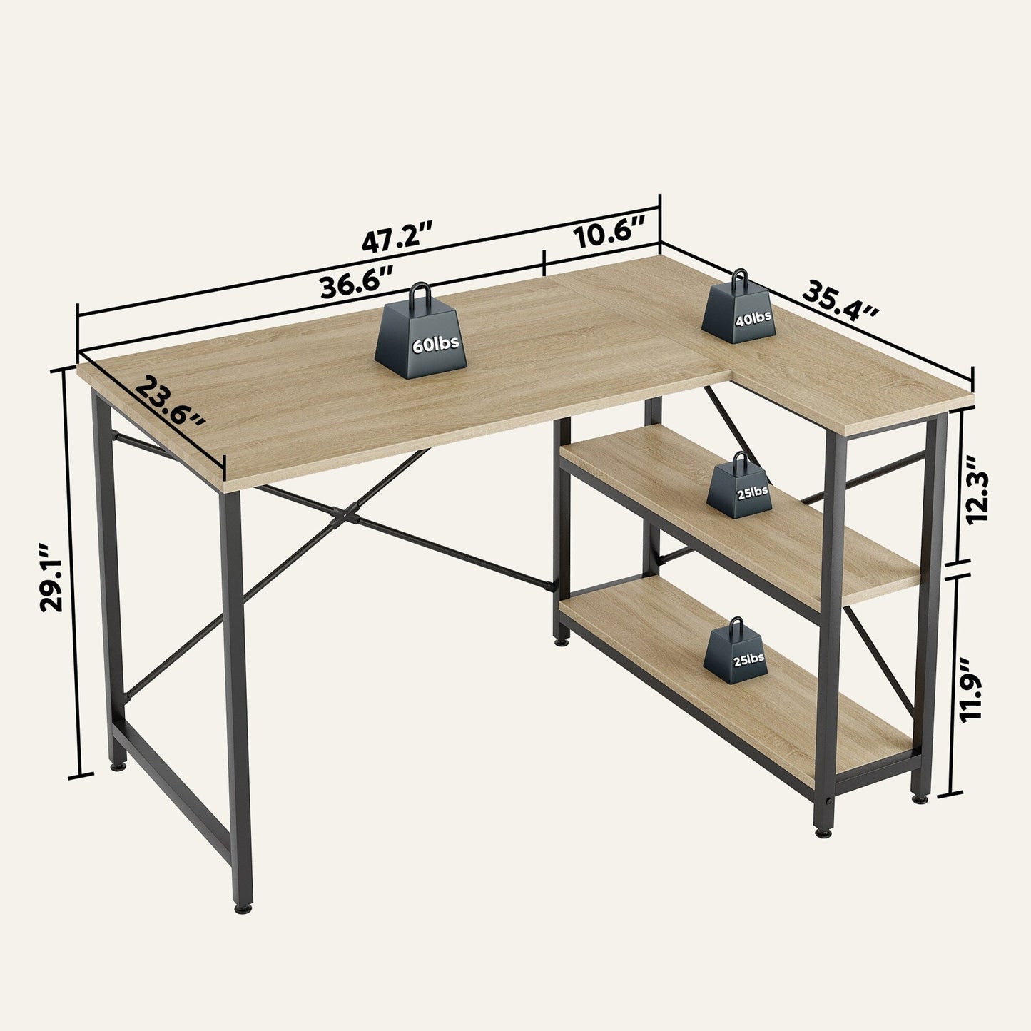 Bureau en forme de L avec étagères de rangement, bureau d'ordinateur d'angle.