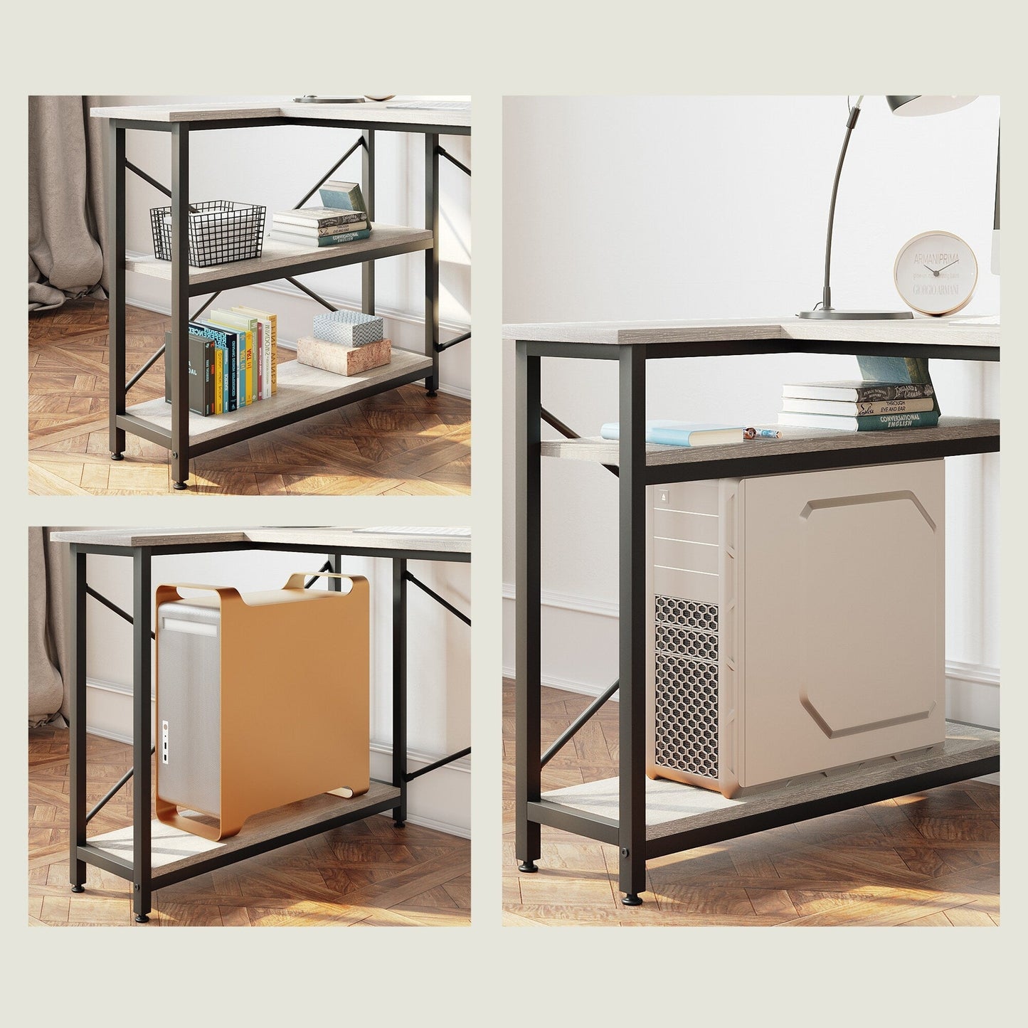 Bureau en forme de L avec étagères de rangement, bureau d'ordinateur d'angle.