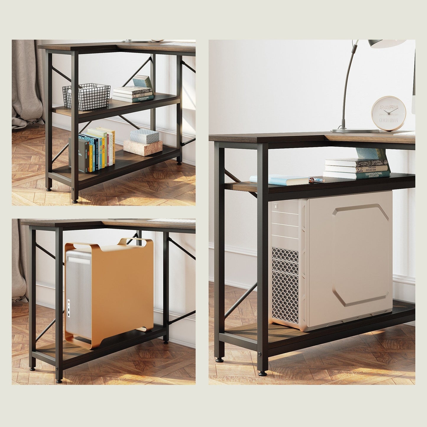 Bureau en forme de L avec étagères de rangement, bureau d'ordinateur d'angle.