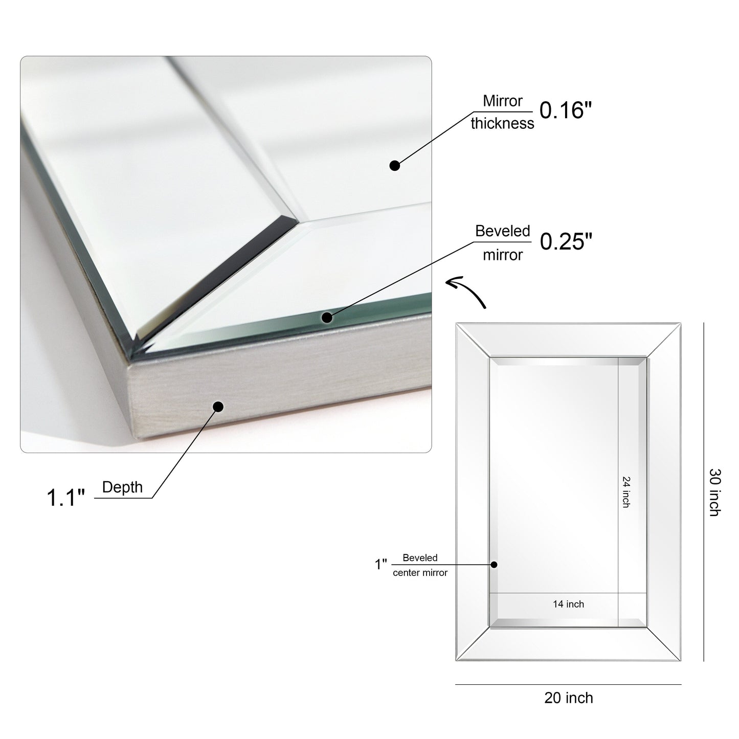 Miroir rectangulaire biseauté transparent haute définition à fixer au mur pour salle de bain, meuble-lavabo, chambre à coucher, 3 tailles