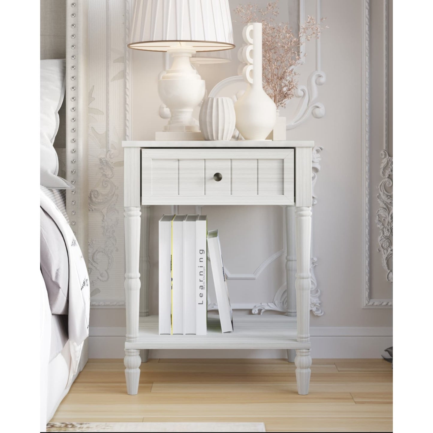 Lit à panneaux capitonné Billy avec 2 tables de chevet