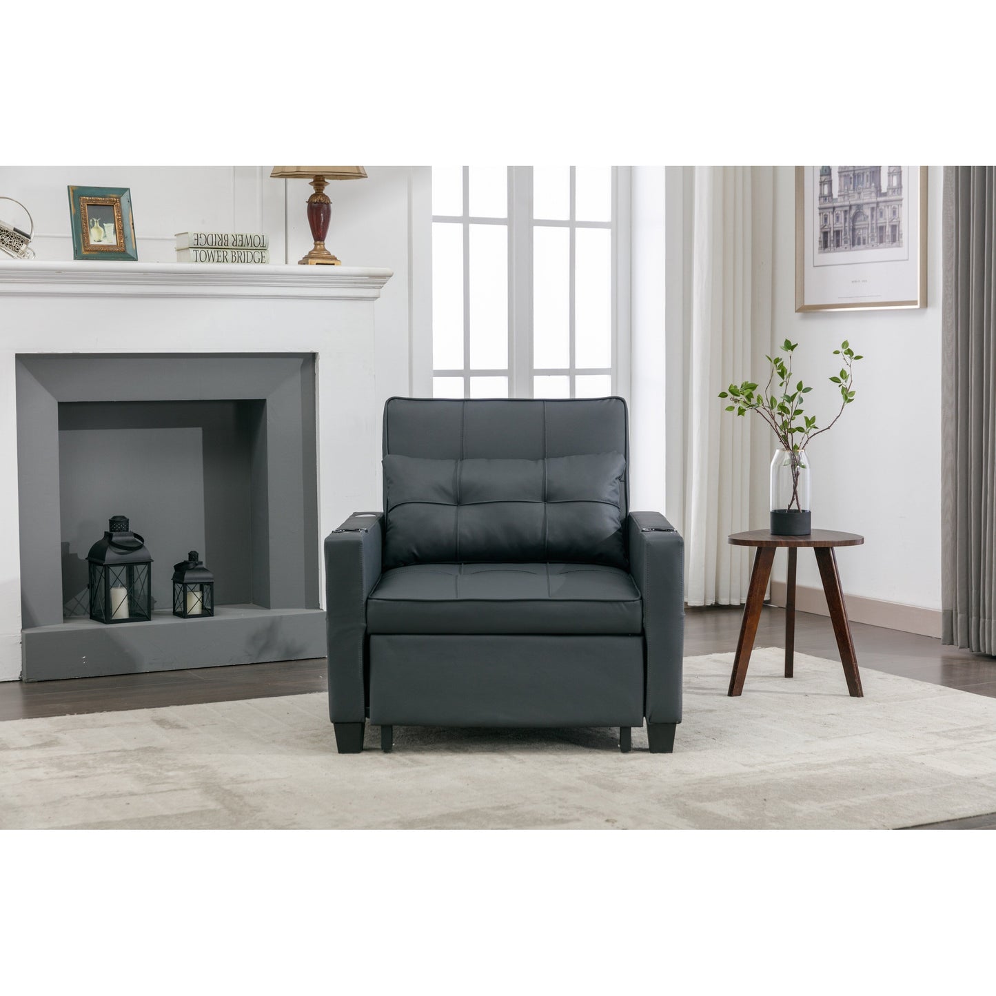 Canapé-lit convertible en simili cuir noir avec ports USB