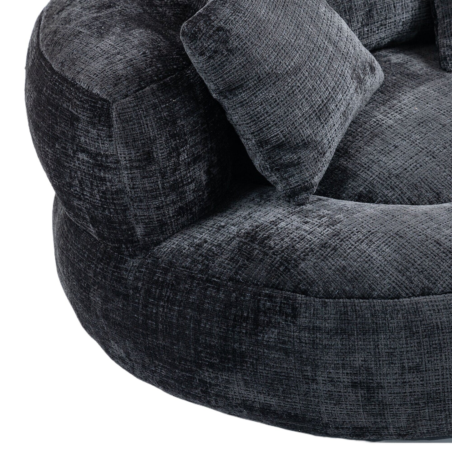 Canapé pouf géant noir en chenille 42.52, pour chambre à coucher, avec trois coussins.