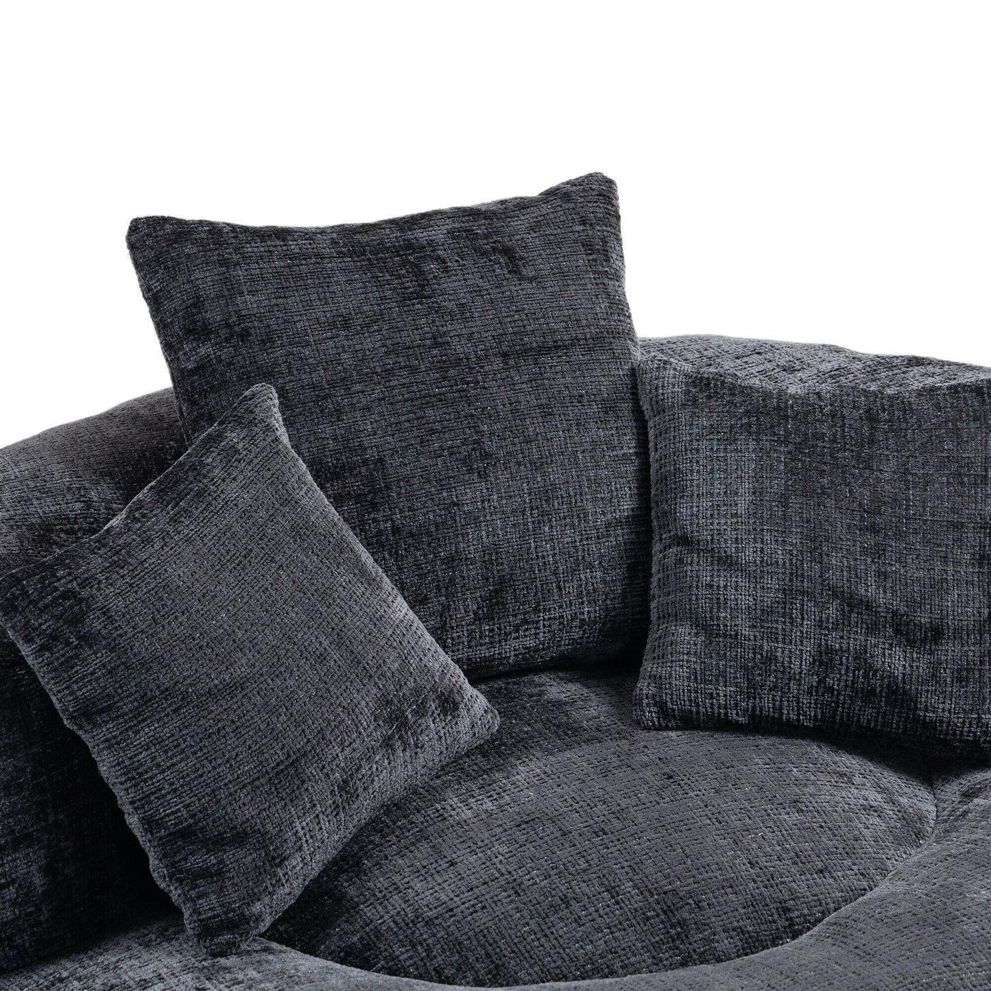 Canapé pouf géant noir en chenille 42.52, pour chambre à coucher, avec trois coussins.
