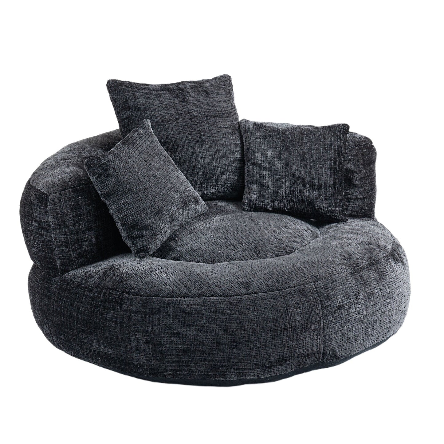 Canapé pouf géant noir en chenille 42.52, pour chambre à coucher, avec trois coussins.