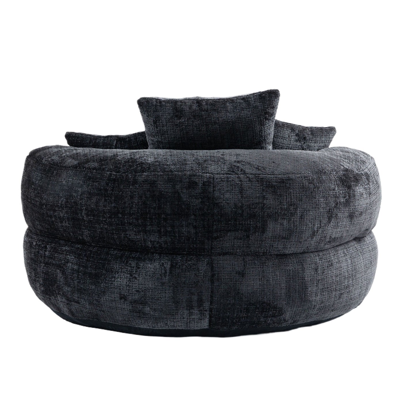 Canapé pouf géant noir en chenille 42.52, pour chambre à coucher, avec trois coussins.