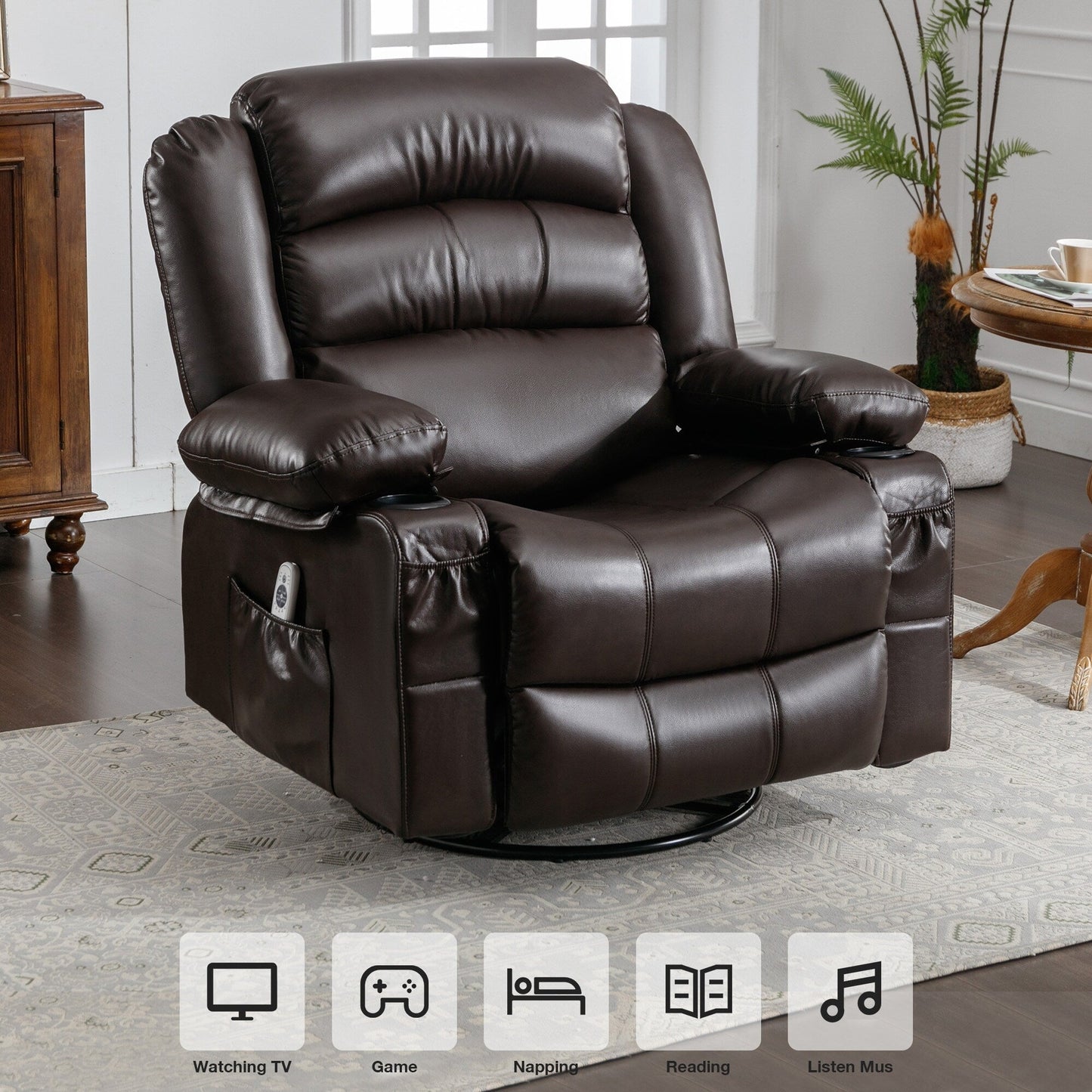 Fauteuil inclinable pivotant noir avec fonction de massage, chauffage et ports USB