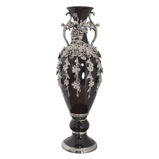Vase magnifique de 89 cm de haut, orné de fleurs et de strass argentés et noirs.