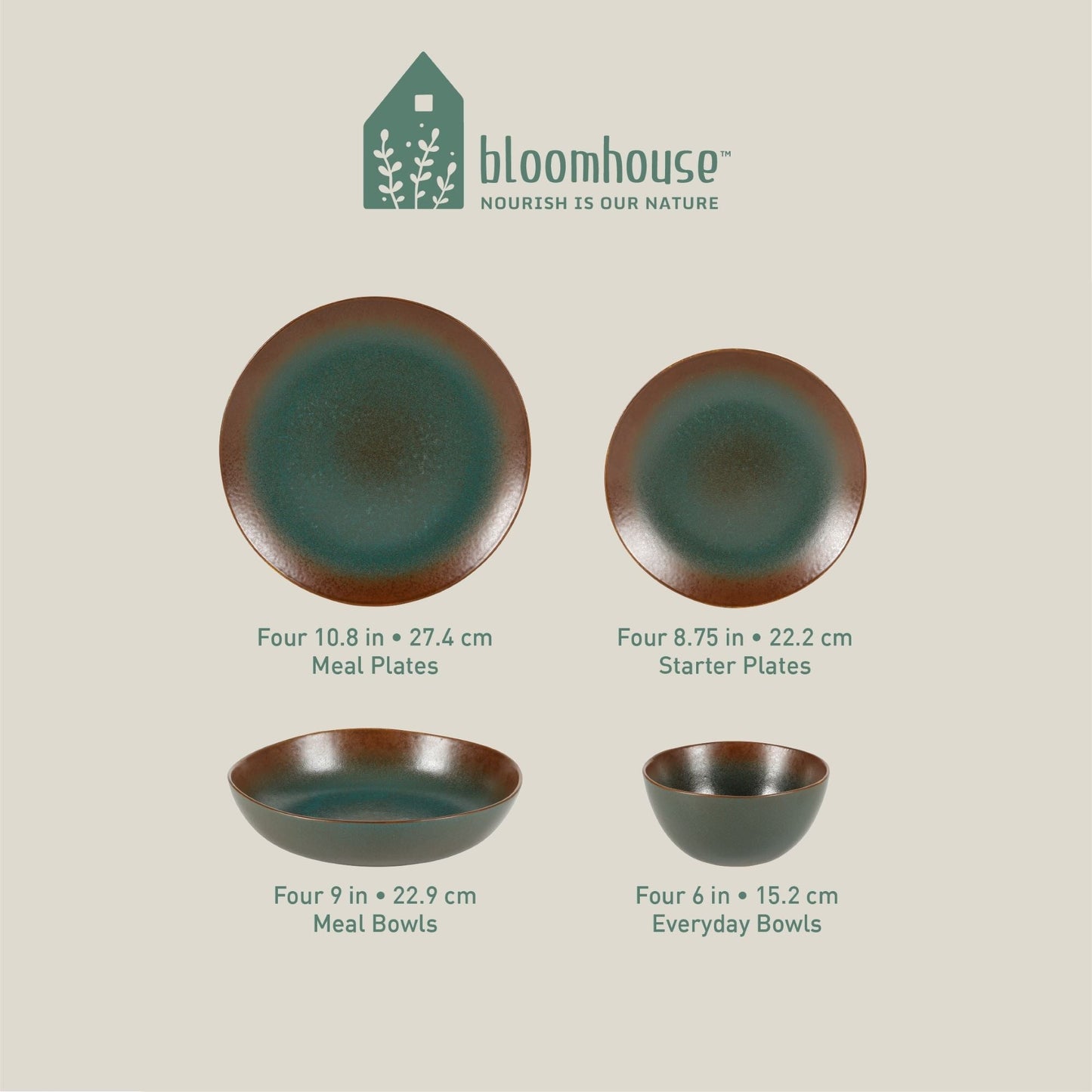 Service de table Bloomhouse Palermo Sun, 16 pièces, assiettes et bols en grès double paroi, émail réactif.