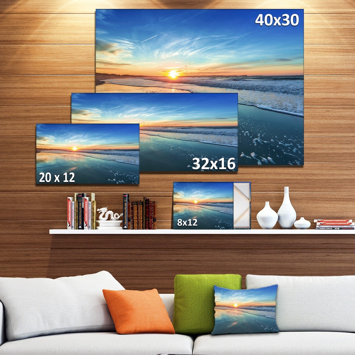 Cœur de plage bleu avec coucher de soleil lointain - Tableau sur toile représentant un bord de mer