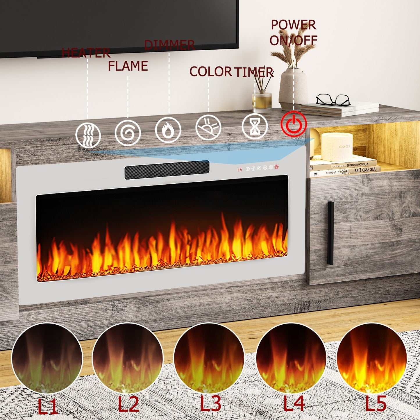 Meuble TV avec foyer électrique Bossin 70, foyer électrique de 36 pouces, meuble TV pour téléviseurs jusqu'à 80 pouces, éclairage LED à 16 couleurs/centre de divertissement