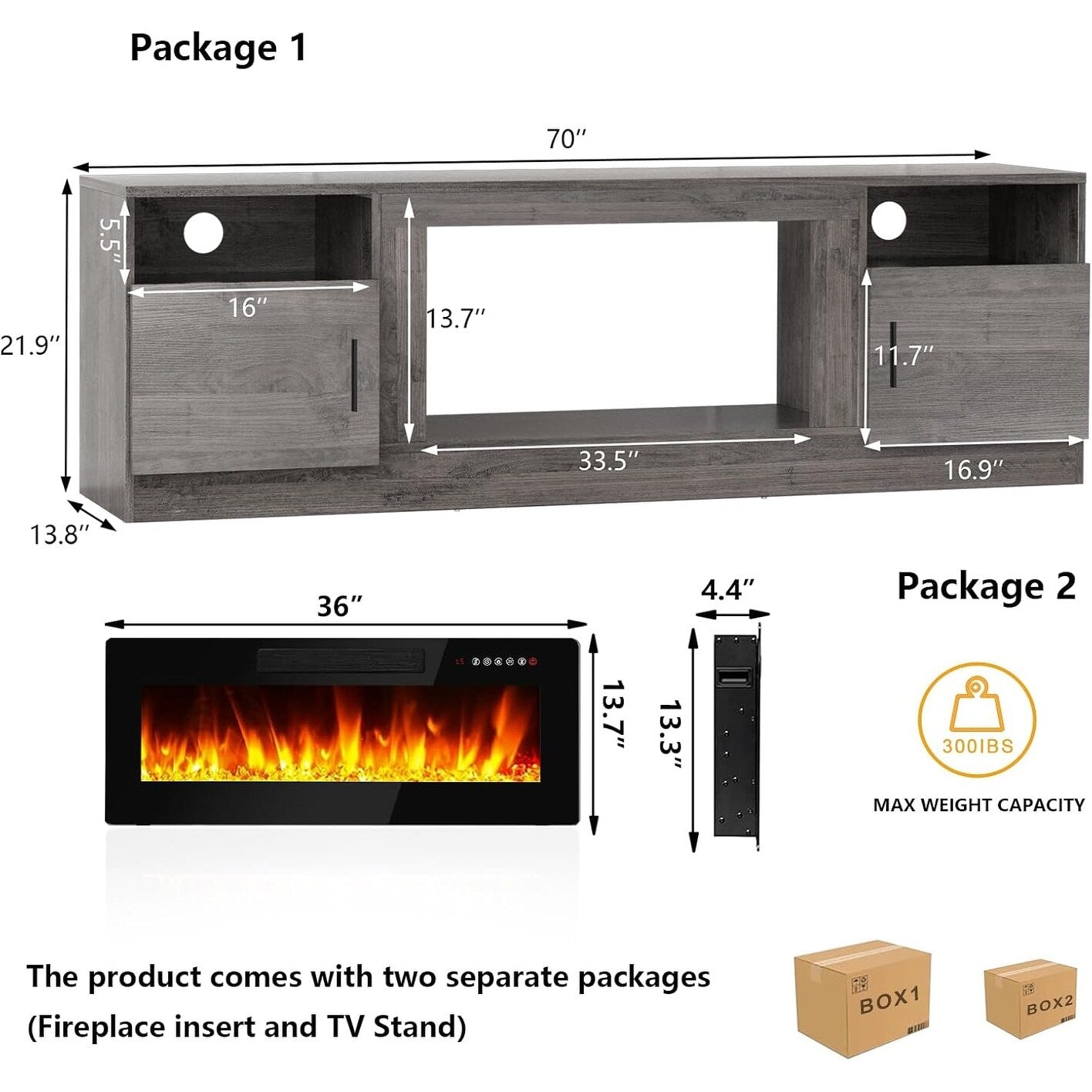 Meuble TV avec foyer électrique Bossin 70, foyer électrique de 36 pouces, meuble TV pour téléviseurs jusqu'à 80 pouces, éclairage LED à 16 couleurs/centre de divertissement