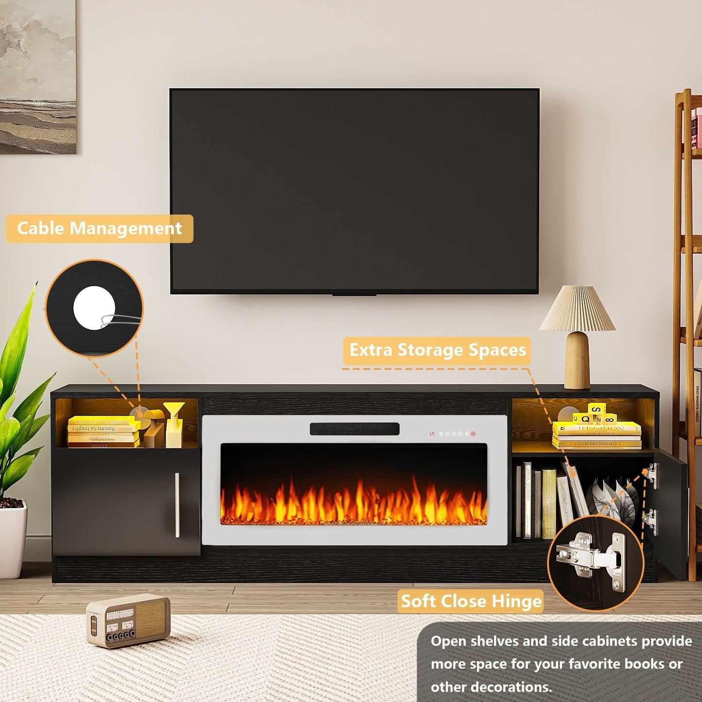 Meuble TV avec foyer électrique Bossin 70, foyer électrique de 36 pouces, meuble TV pour téléviseurs jusqu'à 80 pouces, éclairage LED à 16 couleurs/centre de divertissement