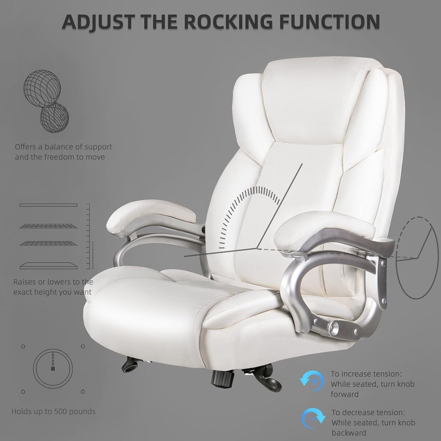 Chaise de bureau executive Bossin pour personnes de grande taille et fortes corpulent, support lombaire réglable, 500 lbs, chaise ergonomique à dossier haut en cuir PU pour ordinateur.