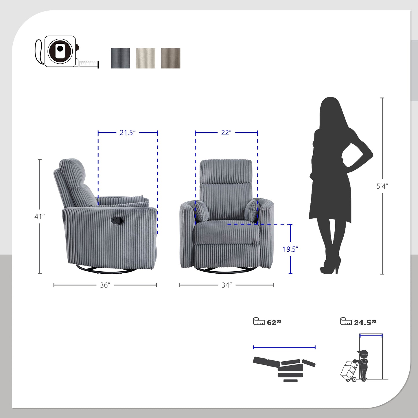 Fauteuil inclinable manuel pivotant et basculant en velours côtelé Braidy