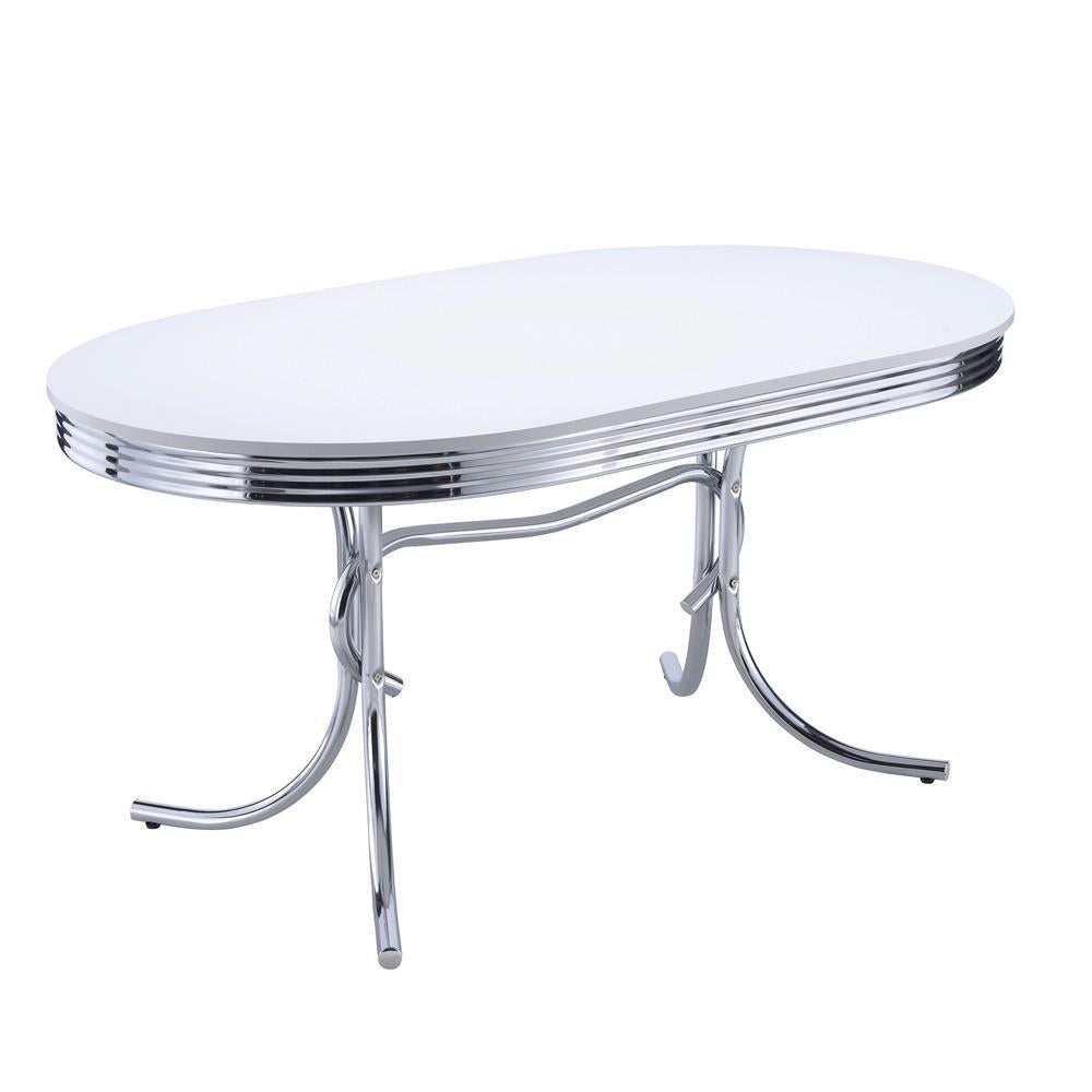 Table de salle à manger ovale rétro, blanc brillant et chrome.