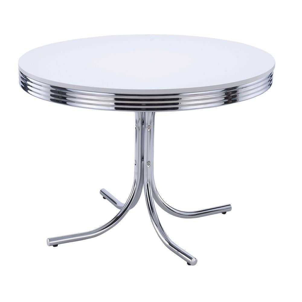 Table de salle à manger ronde rétro, blanc brillant et chrome.