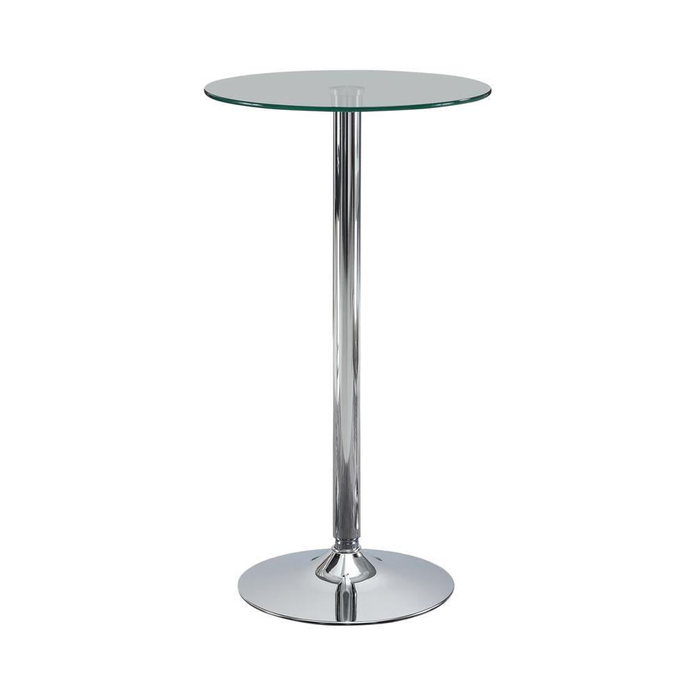 Table de bar ronde avec plateau en verre et pieds chromés, modèle Abilene