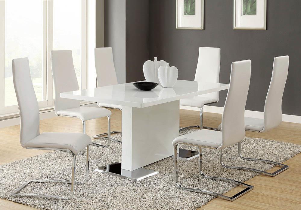 Table à manger à pied central en forme de T, blanc brillant, modèle Anges