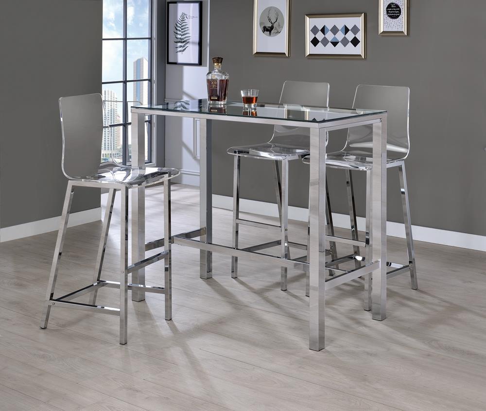 Table de bar Tolbert avec plateau en verre et pieds chromés
