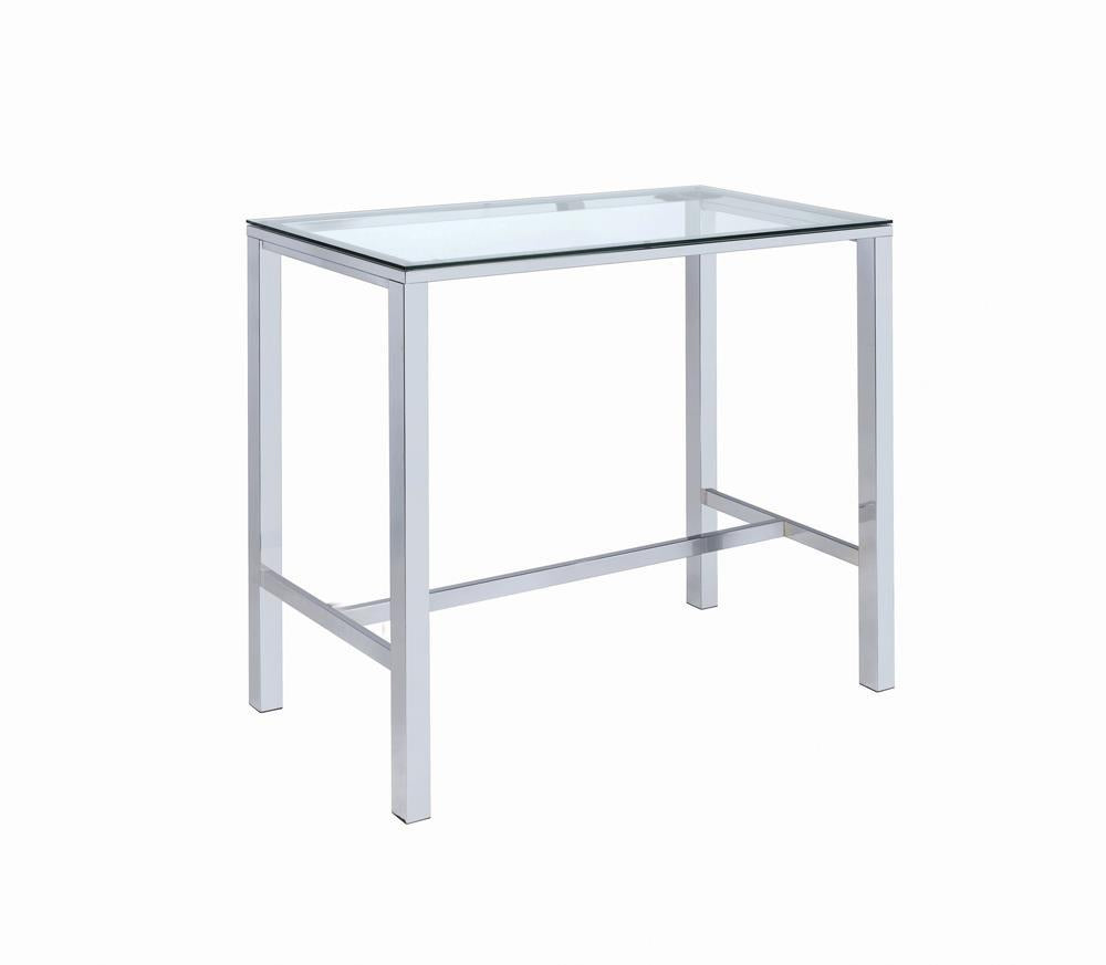 Table de bar Tolbert avec plateau en verre et pieds chromés
