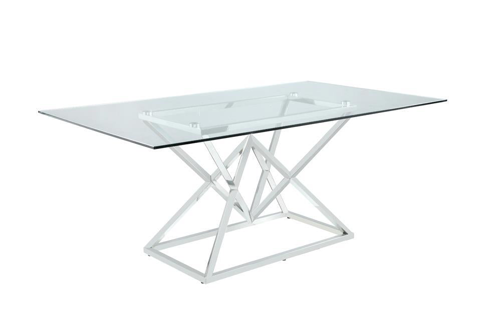 Table à manger rectangulaire Beaufort avec plateau en verre et pieds chromés