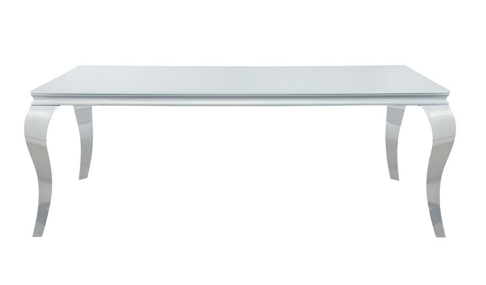 Table de salle à manger rectangulaire Carone avec plateau en verre, blanc et chrome