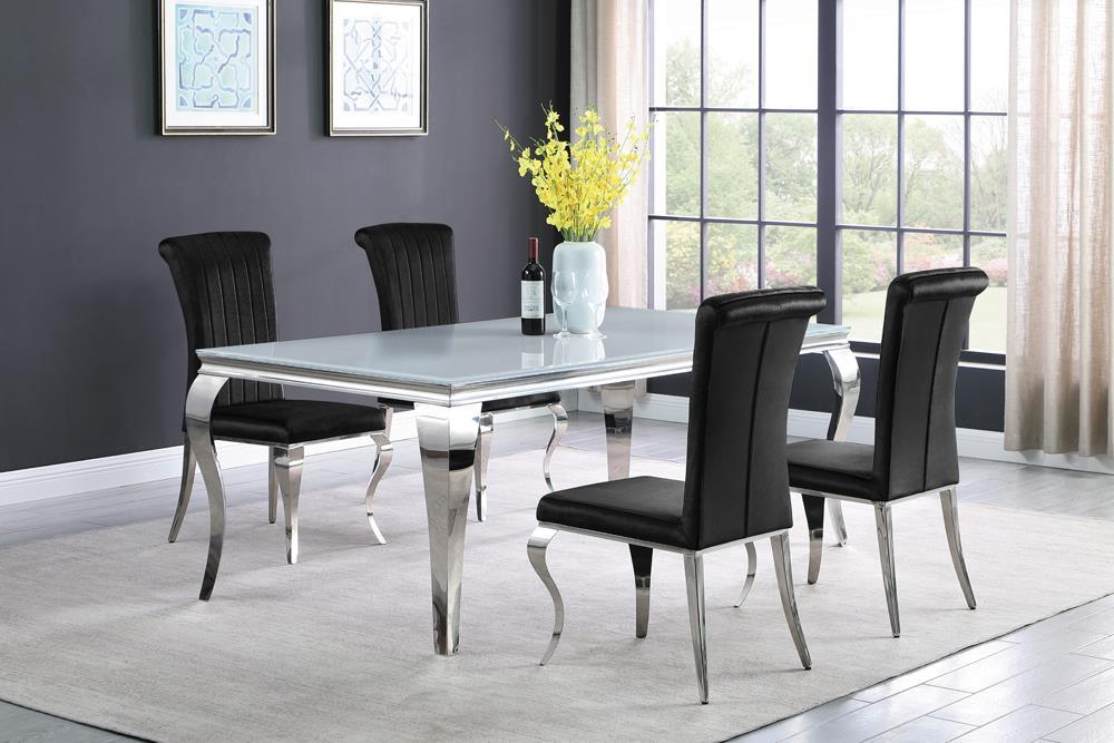 Table de salle à manger rectangulaire Carone avec plateau en verre, blanc et chrome