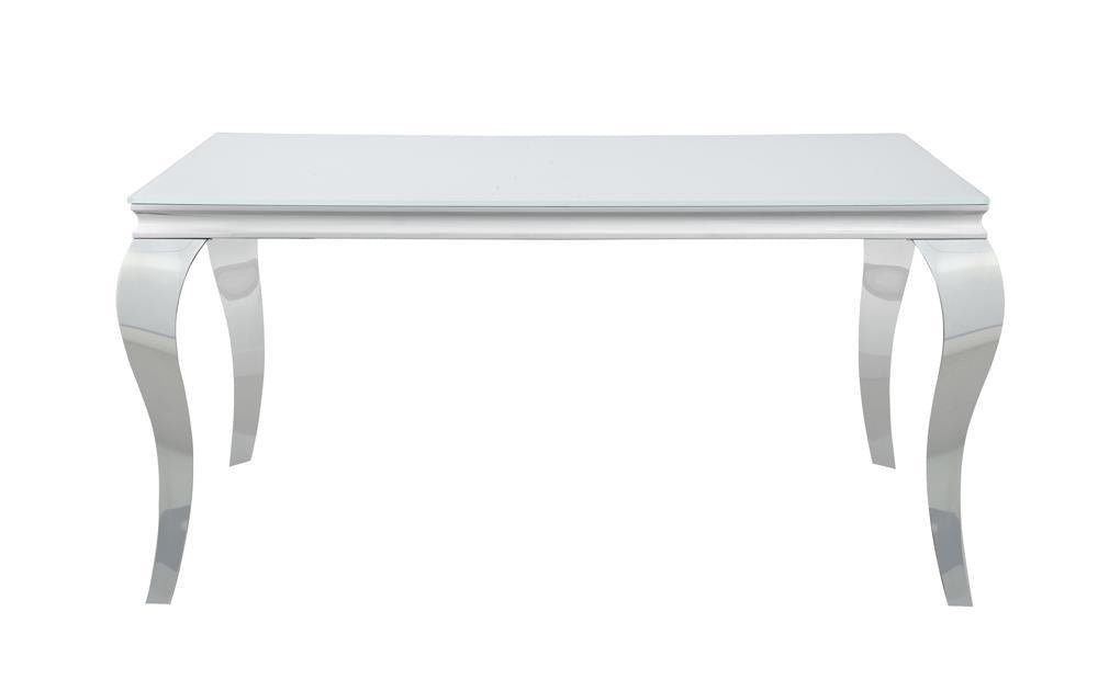 Table de salle à manger rectangulaire Carone avec plateau en verre, blanc et chrome