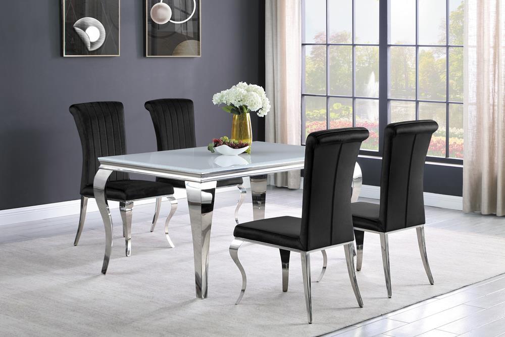 Table de salle à manger rectangulaire Carone avec plateau en verre, blanc et chrome